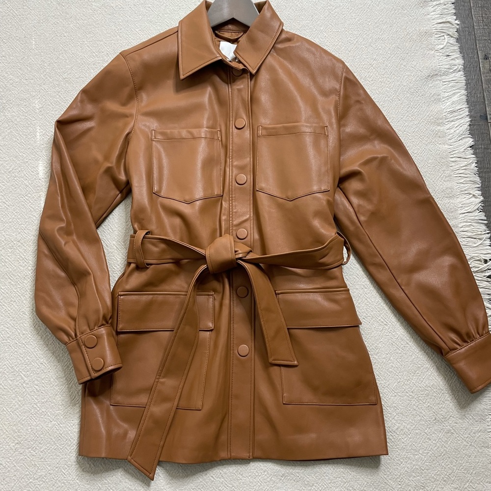 H&M Faux Leather Caramel Brown Belted Jacket S